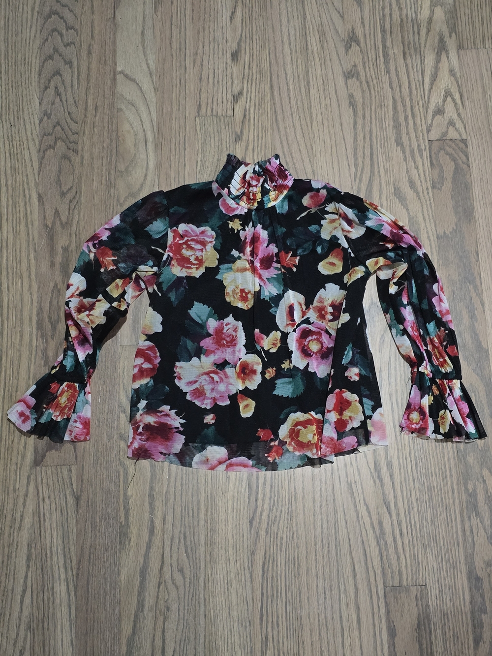 Kids xs(4/5) Art Class Black Floral Mock-Neck Ruffle Sleeve Blouse